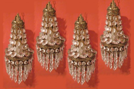 Quattro Appliques, Ottone e gocce in cristallo, Italia, 1940, 14 x 33 h cm